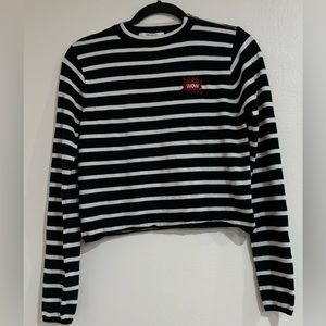 Black & White Striped Long Sleeve Top Size Medium Wow patch Grungy EMO Alt Indie